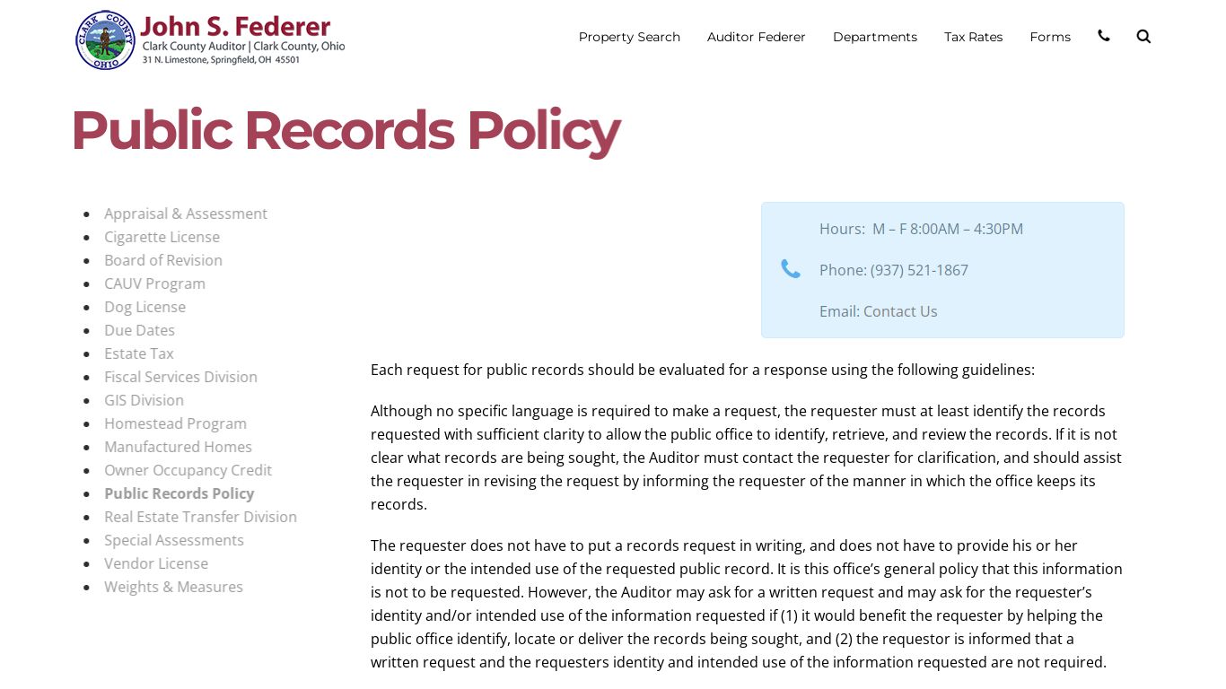 Public Records Policy - Clark County Ohio Auditor - John Federer